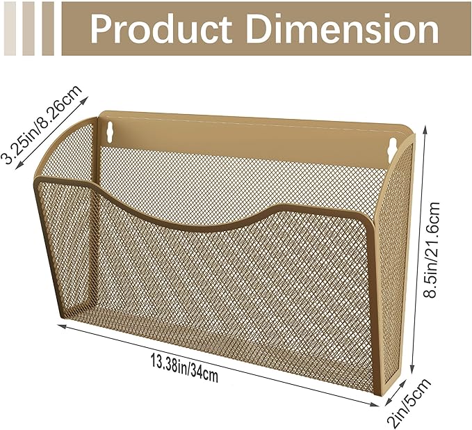 EasyPAG 3 Single Pocket Wall File Organizer, Mesh Hanging File Folder Organizer for Letter/A4 Size Folders, Wall Mounted Vertical Mail Holder for Paperwork, Office, Home, School, Gold