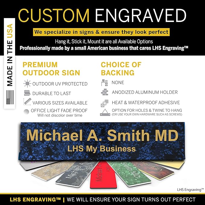 Custom Name Plate with Choice of Mounting for Walls, Doors, Desk Holders, Cubicles, Hanging and More - Personalized Celestial Blue Plastic Gold Letters - USA Made 2x8 - S1