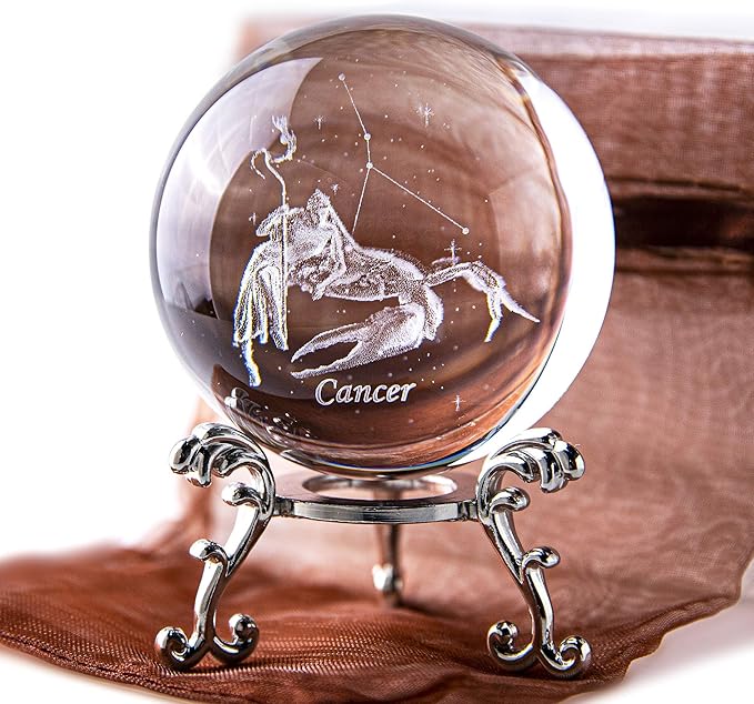 HDCRYSTALGIFTS Crystal 3D Constellation Crystal Ball 60mm Crystal Paperweight Full Sphere Glass Fengshui with Sliver-Plated Flowering Stand(Cancer)