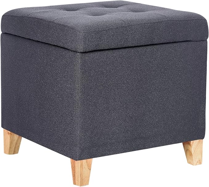 Homebeez Tufted Grainy Linen Fabric Storage Ottoman Square Cube Foot Rest Stool with Flip Top (Dark Gray)
