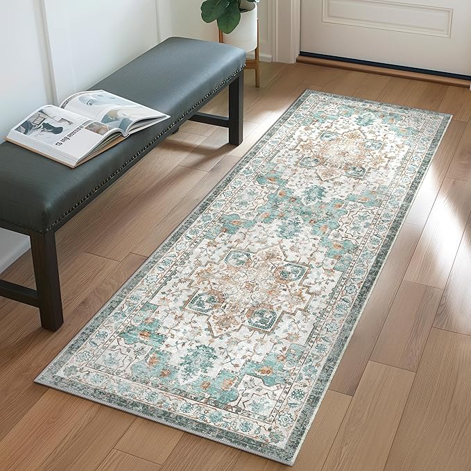 GENIMO 2‘6“x8 Runner Rugs for Hallway, Machine Washable Non Slip Vintage Rugs, Low Pile Lightweight Soft Print Rug for enrtyway, Corridor, Home Office, Kitchen, Cyan