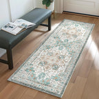 GENIMO 2‘6“x8 Runner Rugs for Hallway, Machine Washable Non Slip Vintage Rugs, Low Pile Lightweight Soft Print Rug for enrtyway, Corridor, Home Office, Kitchen, Cyan