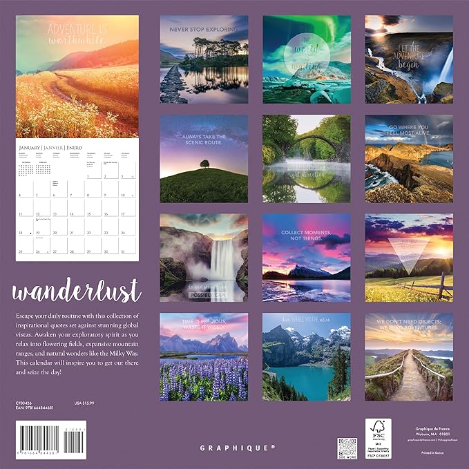 Graphique 2026 Wanderlust Wall Calendar | 12” x 12” | Thick Paper | Home & Office Organizer | Large Monthly Grid | 3 Languages & Marked Holidays | 4 Month Preview Page for 2027