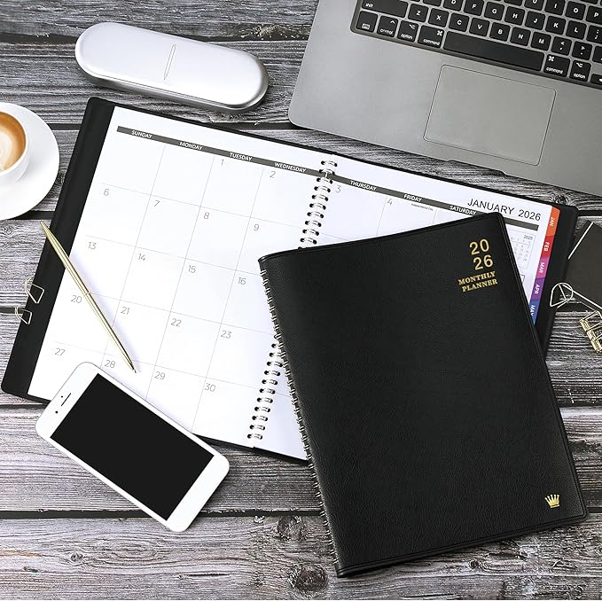 2026 Monthly Planner/Calendar - Jan 2026 - Dec 2026, Monthly Planner 2026, 12 Months, Faux Leather, 8.86" x 11.4", 15 Notes Pages, Strong Twin - Wire Binding, Tabs, Perfect Organizer - Black