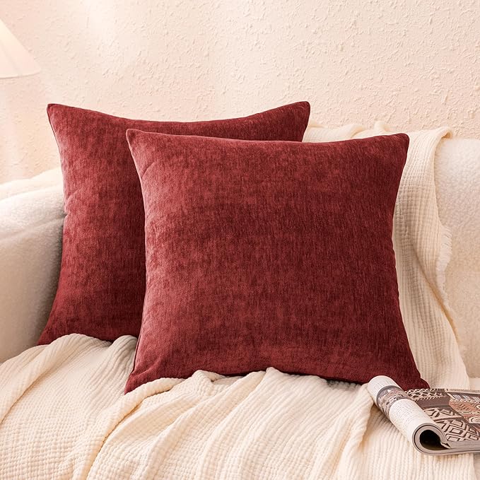 Amazon Basics Chenille Throw Pillow Covers, Home Decor Cushion Cover for Bedroom Living Room Couch Bed, 16" W × 16" L, Burgundy