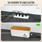 DMoose Cable Management Box - 2 Pack Medium & Large Cord Organizer for Desk & Floor, Cable Organizer Box for Child & Pet - Cable Box Hider for Tidy Office & Home (Wood Print Lid, White Box, Pack of 2)