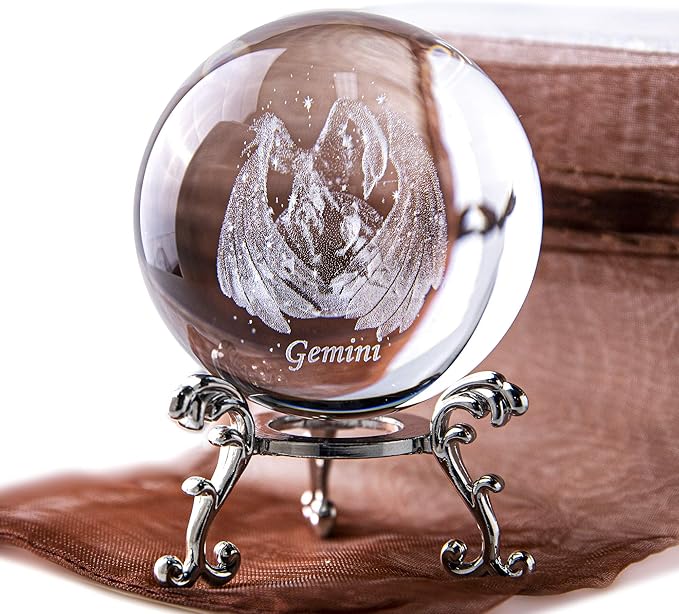 3D Constellation Crystal Ball 60mm Crystal Paperweight Full Sphere Glass Fengshui with Sliver-Plated Flowering Stand(Gemini)