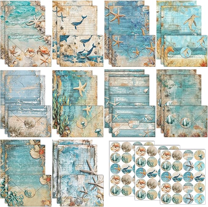 TaoBary 160 Pcs Stationery Paper Set 50 Double Sided Stationery Papers with 50 Matching Envelopes and 60 Round Dot Sticker, 10 Design (Ocean,5.5 x 8.25 Inch)