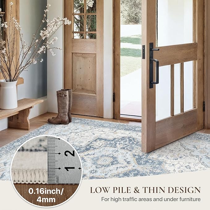 GENIMO Runner Rug 2'6"x8 Machine Washable Non Slip Vintage Hallway Runner Rug, Low Pile Lightweight Rugs for Indoor Entryway, Hallway, Kitchen and Corridor, Light Blue