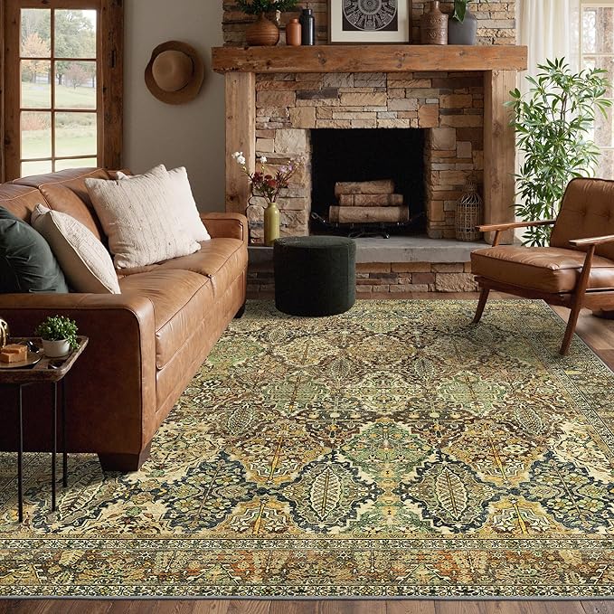 GENIMO 8x10 Area Rugs for Living Room, Machine Washable Non Slip Vintage Rugs, Low Pile Lightweight Chenille Print Rug for Bedroom, Dining Room, Home Office, Bronze Olive
