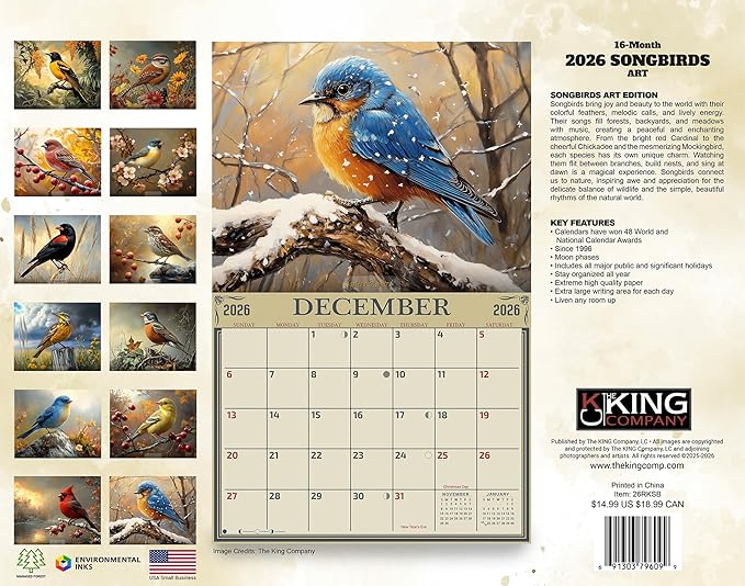 2026 Songbirds Wall Calendar 16-Month X-Large Size 14x22, Illustrated Bird Calendar by The KING Company-Monster Calendars