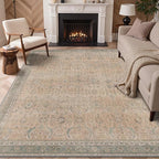 GENIMO 9x12 Area Rugs for Living Room, Machine Washable Non Slip Vintage Rugs, Low Pile Lightweight Chenille Print Rug for Bedroom, Dining Room, Home Office, Oatmeal Beige