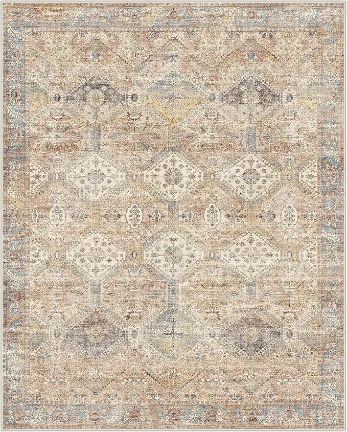 GENIMO 9x12 Area Rugs for Living Room, Machine Washable Non Slip Vintage Rugs, Low Pile Lightweight Print Rug for Bedroom, Dining Room, Home Office, Warm Brown