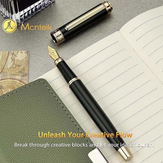 MCNTEIK 317 Fountain Pen,Stunning Luxury Black Piano Lacquer,18K Gilded Nib(Fine),Gorgeous 24K Gold Finish, Ink Converter,Fancy Gift for Men&Women-Elegant,Executive,Office,Nice Pens for Writing
