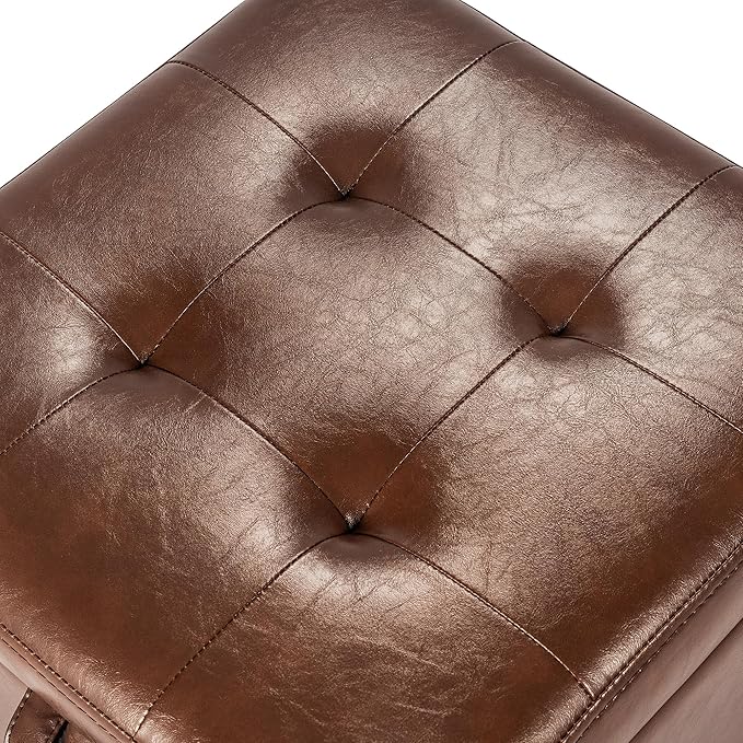 Asense 17 Inch Faux Leather Ottoman with Storage, Square Ottoman Footstool Upholstered Footrest for Couch Entryway Bedroom Living Room, Coffee