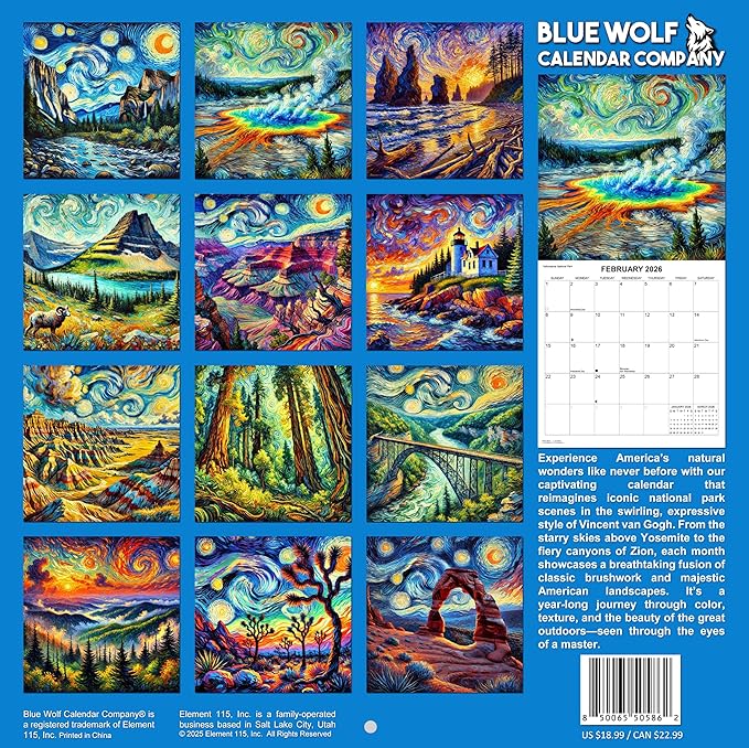 2026 National Parks through the Eyes of Van Gogh Monthly Wall Calendar - Art from America's National Parks in the Style of Vincent Van Gogh | Impressionist Style Paintings Calendar 2025-2026