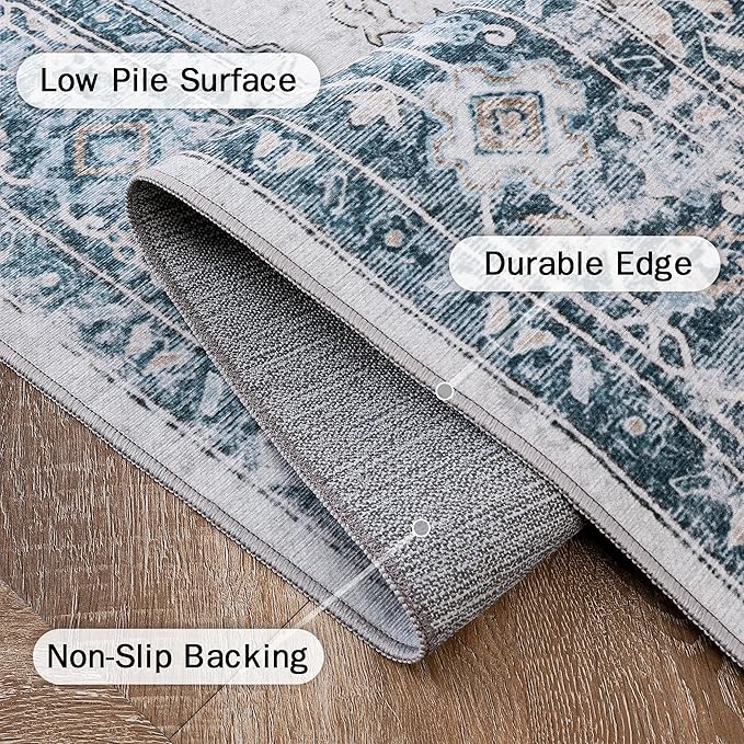 GENIMO 5x8 Area Rugs for Living Room, Machine Washable Low Pile Rugs, Chenille Non Slip Vintage Rug for Bedroom, Dining Room, Home Office, Blue