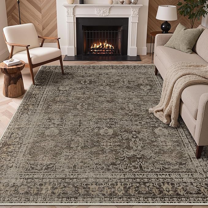 GENIMO 5x7 Area Rug Machine Washable Boho Rug for Living Room,Ultra-Thin Low Pile Carpet,Lightweight Indoor Printed Rug,Non Slip Floral Area Rug for Bedroom, Dining Room, Home Office,Brownish Green