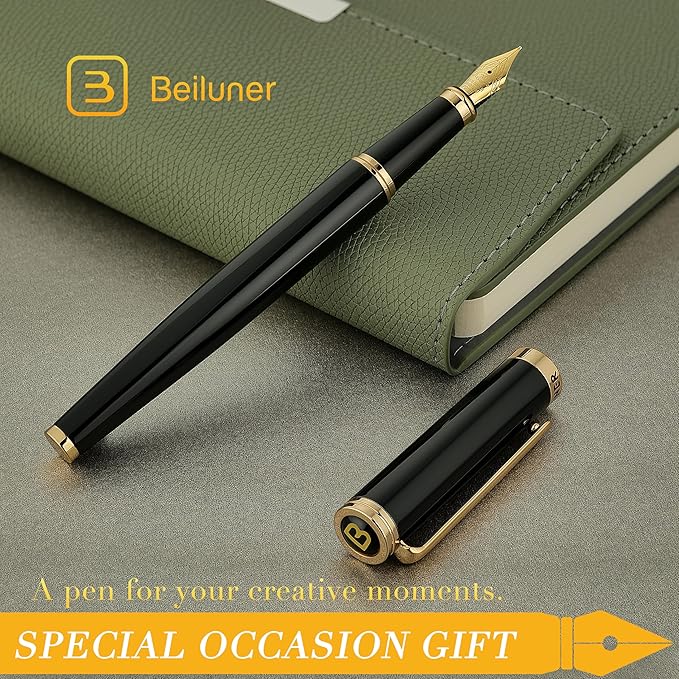 BEILUNER Black Fountain Pen,Stunning Luxury Pens with 24K Gold Accents, Gorgeous 24K Gilded Nib(Medium), Trustworthy Pen Gift for Men&Women -Ink Converter-Elegant, Reliable,Nice Pen for Writing