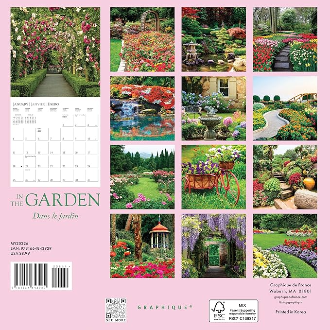 Graphique 2026 In the Garden Mini Wall Calendar | 7” x 7” | Thick Paper | Home & Office Organizer | Large Monthly Grid | 3 Languages & Marked Holidays | 4 Month Preview Page for 2027