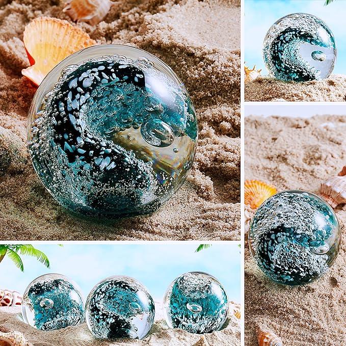 EUSTUMA Hand Blown Glass Figurines Ball Ocean Waves,Paperweight Glass Ball,Home Decor Collectible,Aquarium Decor,Office Decor Ocean Lovers