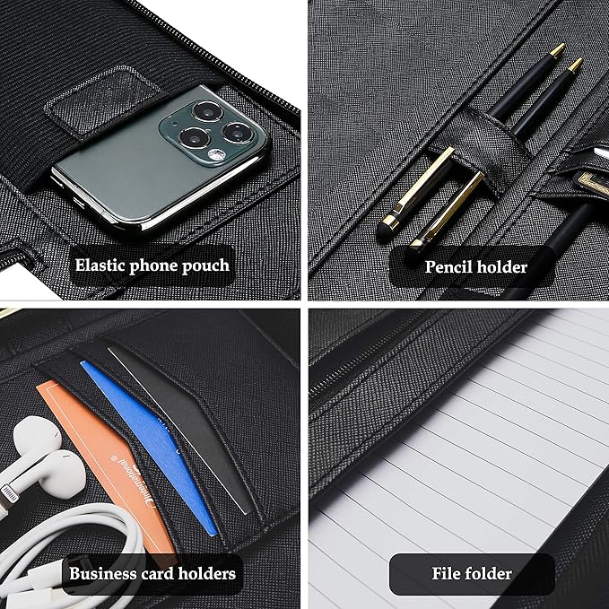 ProCase Portfolio Business Padfolio Folder with Zipper, Conference Meeting Executive File Legal Document Organizer with Pockets Letter Size A4 Writing Pad Notepad Padfolio -Black