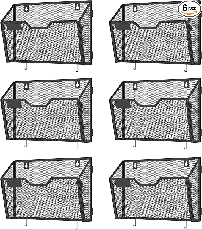Docnest 6 Pack Hanging Wall File Holders, Mesh Wall Letter File Holder, Wall Mounted Mail Paper Document Folder Holder with Hooks for Office, Home, School, Black