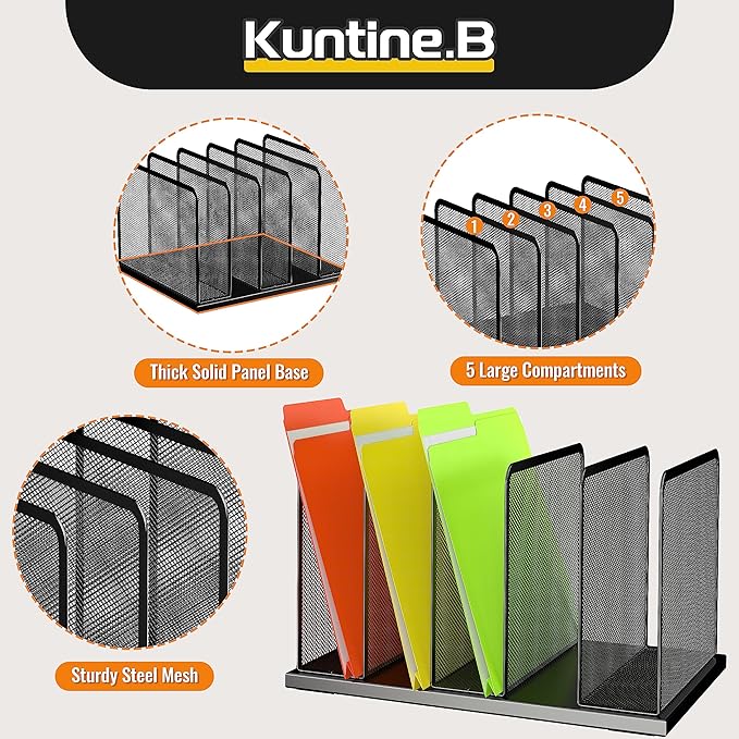 Kuntine.B Desk File Organizer 5 Upright Mesh Desktop Organizer File Sorter Office Organization File Holder for Home, Office & Classroom, 2 Pack