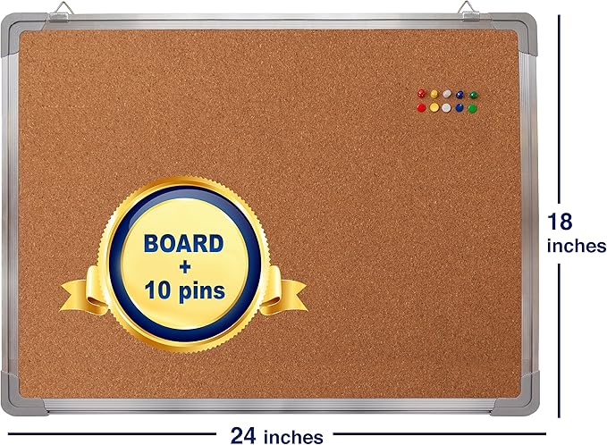 Cork Board Set for Wall - Bulletin Board Corkboard 24 x 18 in with 10 Thumb Tacks - Wall Hanging Pin Board Message Board Tack Board Organizer for Home, Office, Desk and Cubicle (24x18)